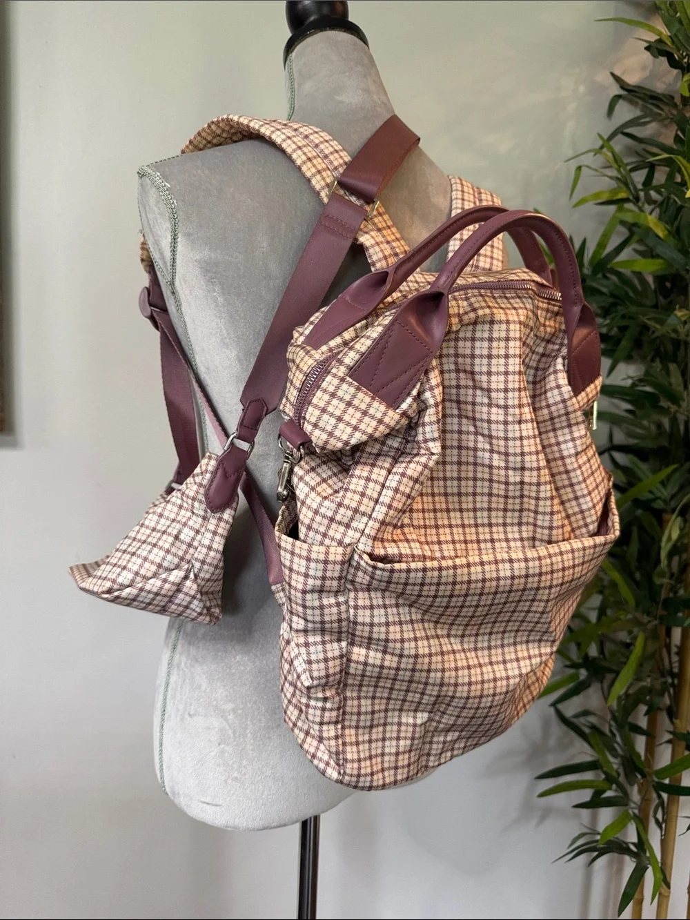 a new day Plaid Backpack and crossbody combo with purple Accents